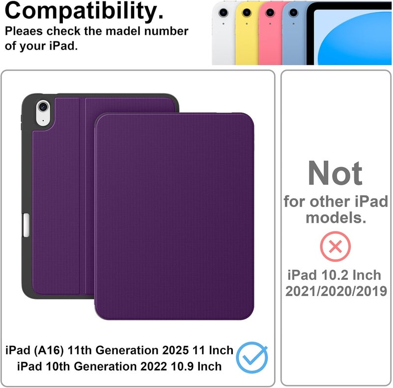 Supveco حافظة لجهاز iPad (A16) الجيل 11 بحجم 11 بوصة (2025)، iPad الجيل 10 بحجم 10.9 بوصة (2022) مع حامل قلم - [استيقاظ/نوم تلقائي]، حافظة فاخرة مع قاعدة قابلة للطي وغطاء خلفي ناعم من TPU - بنفسجي نقي - Image 2